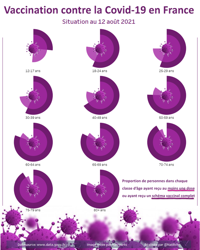 Vaccination contre la Covid-19 par classe d'age en France - Au 12 Aout 2021