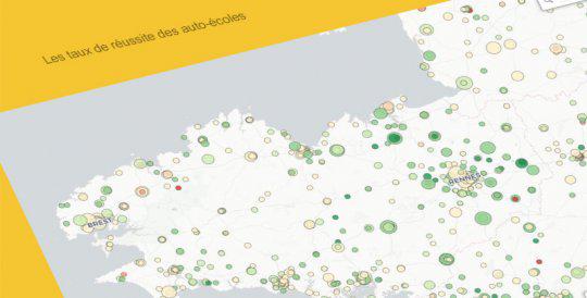 Taux de réussite auto-école par auto-école en Bretagne en 2018, par Le Télégramme