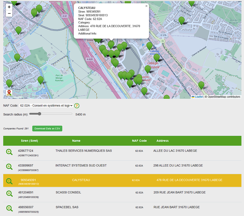 service de recherche de sociétés à proximité d'un point par code NAF et distance