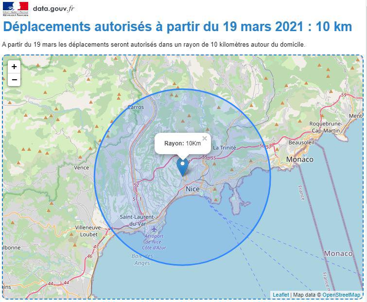 Covid 19 - Carte avec rayon de 10 Km (modifiable)  vol d'oiseau autour d'une adresse 