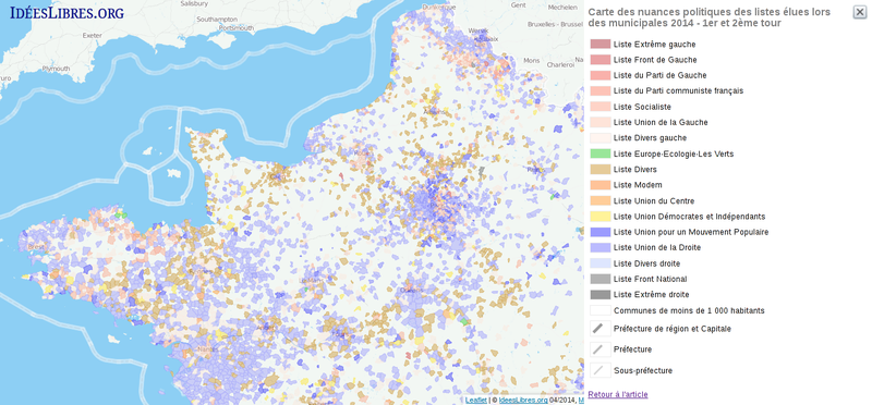 Municipales 2014 – Carte des territoires conquis selon les nuances politiques