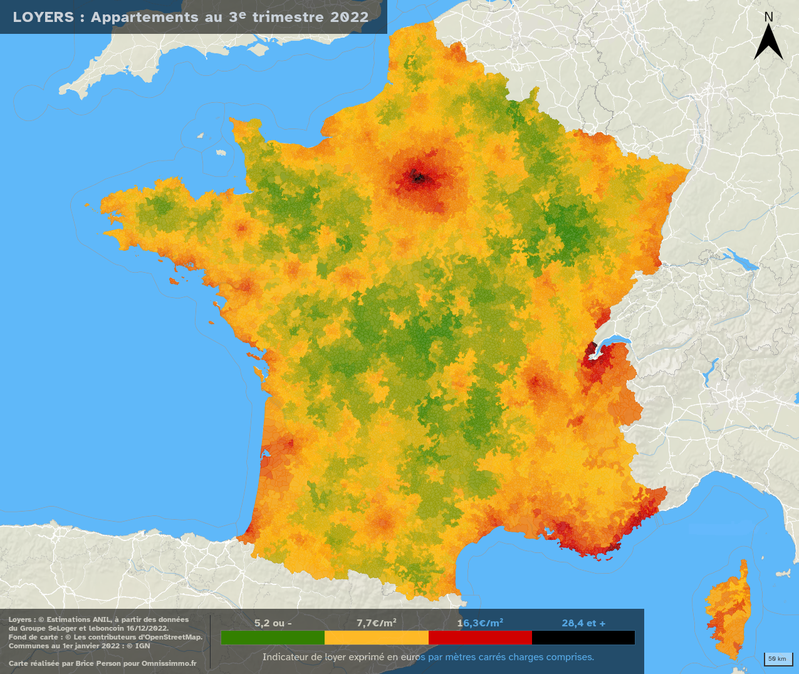 Rents by municipality in mainland France