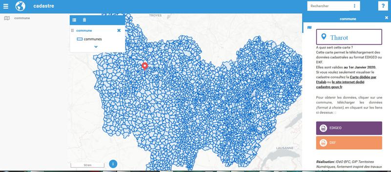Carte facilitant le téléchargement des données cadastrales ouvertes en BFC