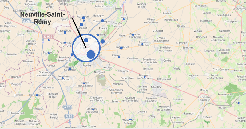 Provenance géographique des élèves de primaire scolarisés à Neuville-Saint-Rémy en 2020-21