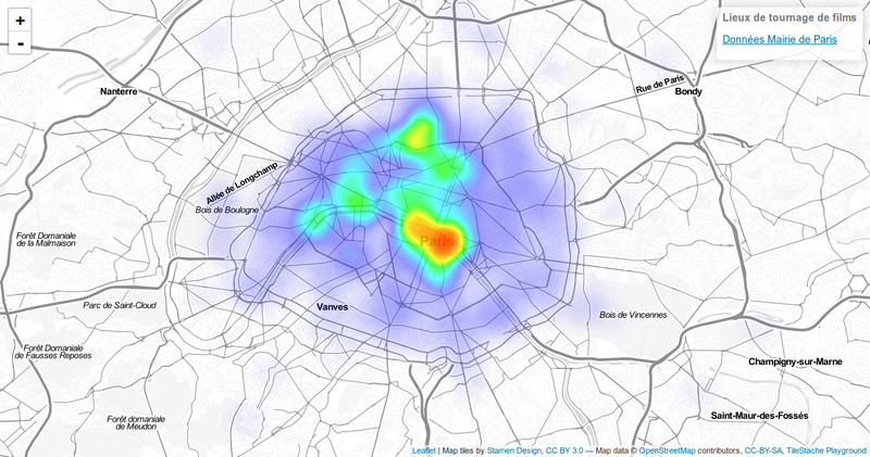 Heatmap des lieux de tournage de films à Paris