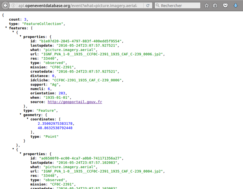 Accès au catalogue d'images aériennes anciennes via l'API OpenEventDatabase