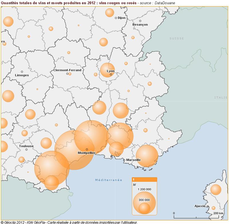 Statistiques viti-vinicoles : quantités totales de vins et mouts produites (vins rouges) en 2009, 2010, 2011 et 2012