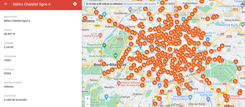 Carte de localisation des défibrilateurs du réseau RATP et de la ville de Paris