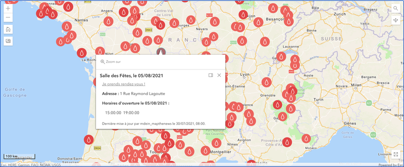 Carte des centres de collecte de l'EFS